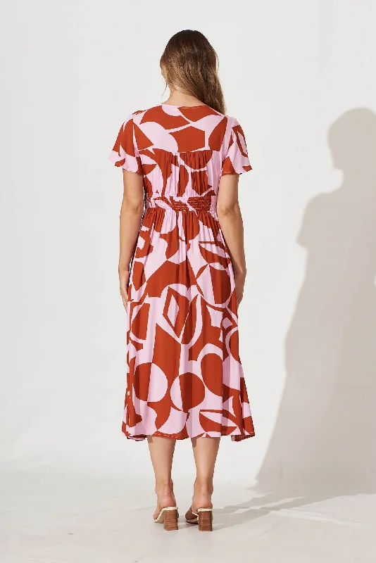 Anthea Midi Dress In Rust And Pink Geometric Print