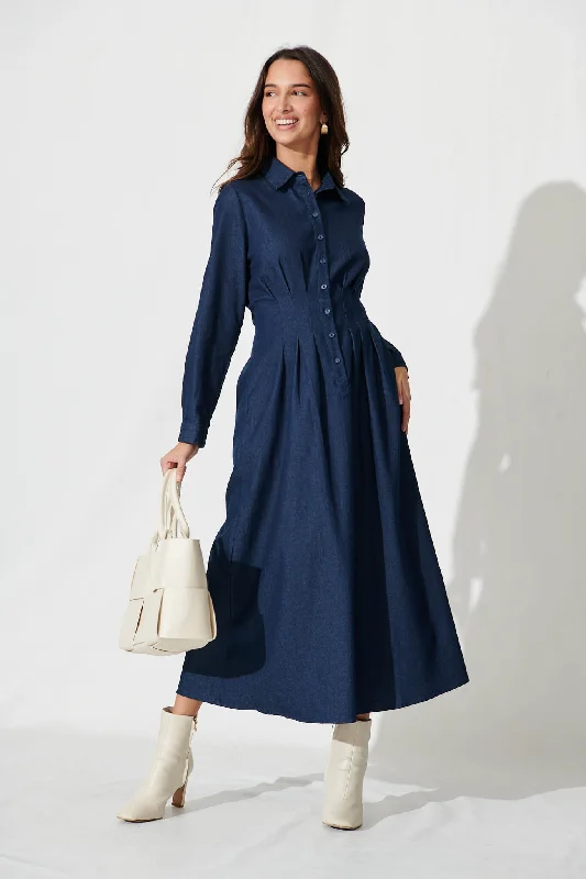 Aria Midi Dress In Dark Blue Denim