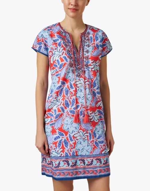 Audrey Red and Blue Floral Print Cotton Dress