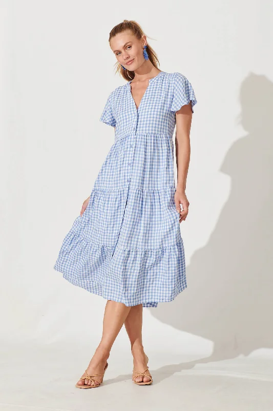 Bently Midi Dress In Blue Gingham Check Cotton Blend