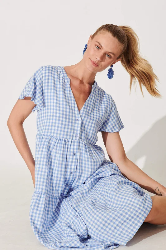 Bently Midi Dress In Blue Gingham Check Cotton Blend