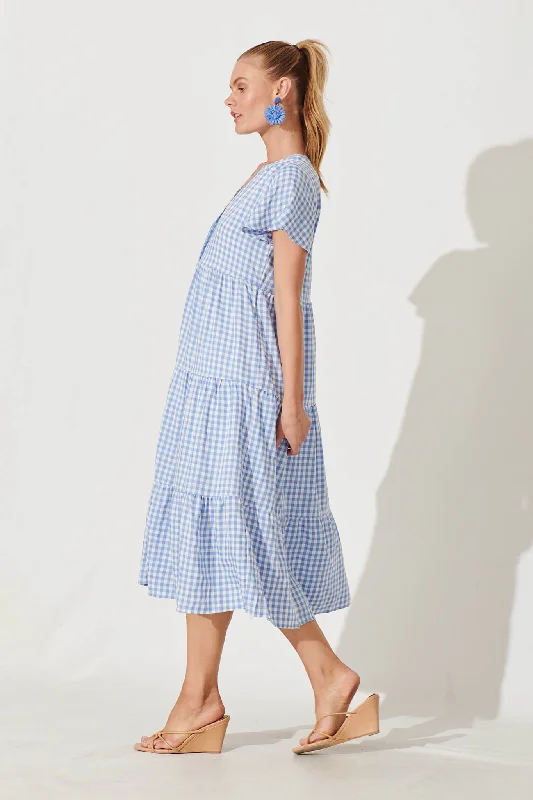 Bently Midi Dress In Blue Gingham Check Cotton Blend