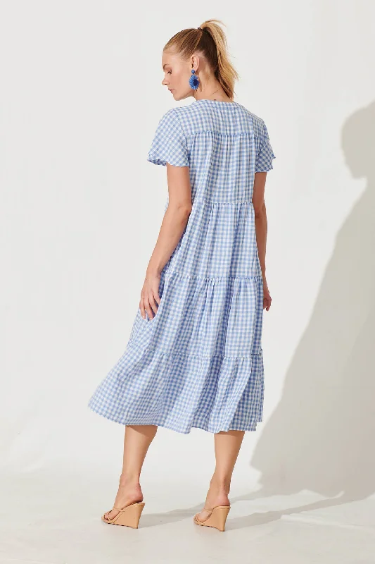 Bently Midi Dress In Blue Gingham Check Cotton Blend