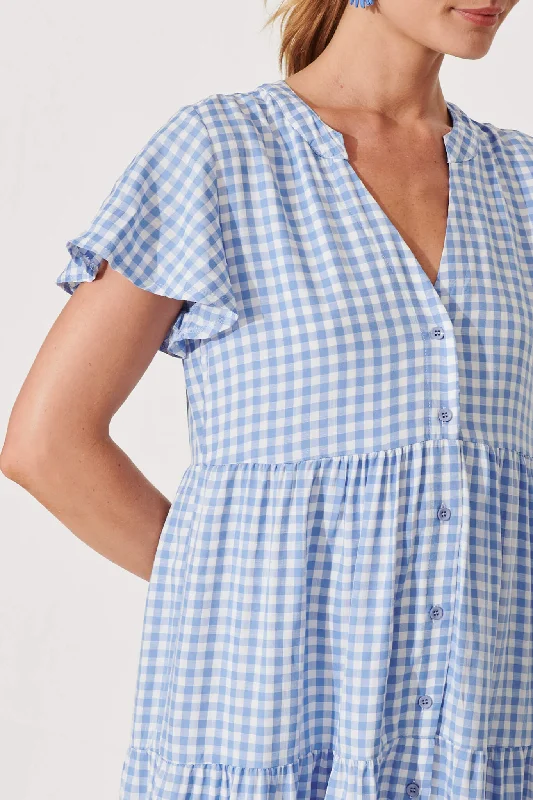 Bently Midi Dress In Blue Gingham Check Cotton Blend