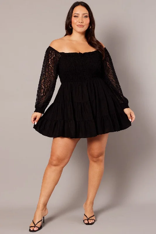 Black Lace Sleeve Shirred Mini Dress