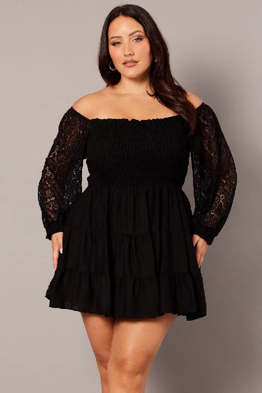 Black Lace Sleeve Shirred Mini Dress