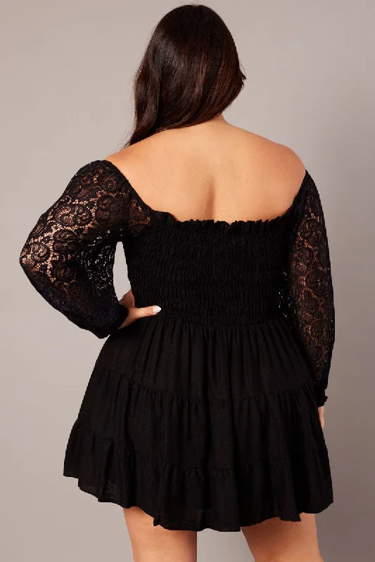 Black Lace Sleeve Shirred Mini Dress