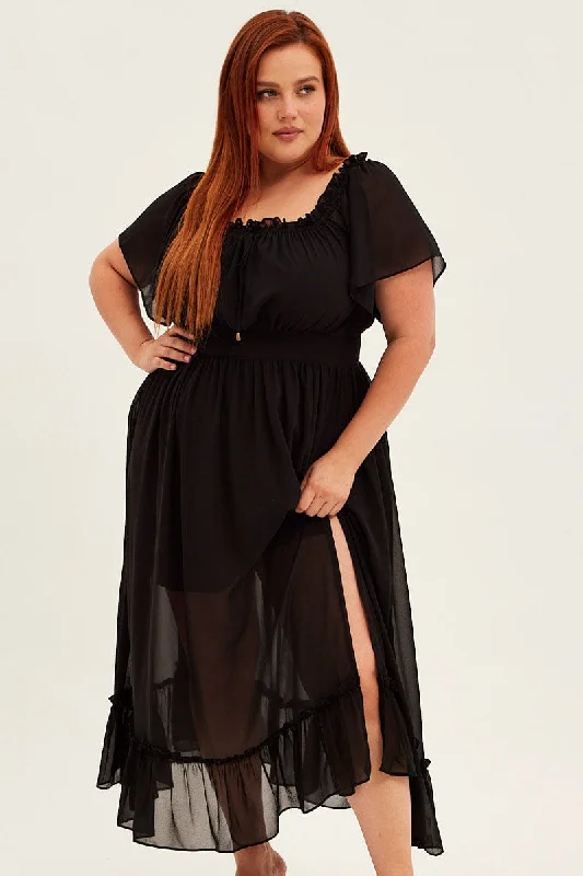 Black Maxi Dress Off Shoulder Chiffon