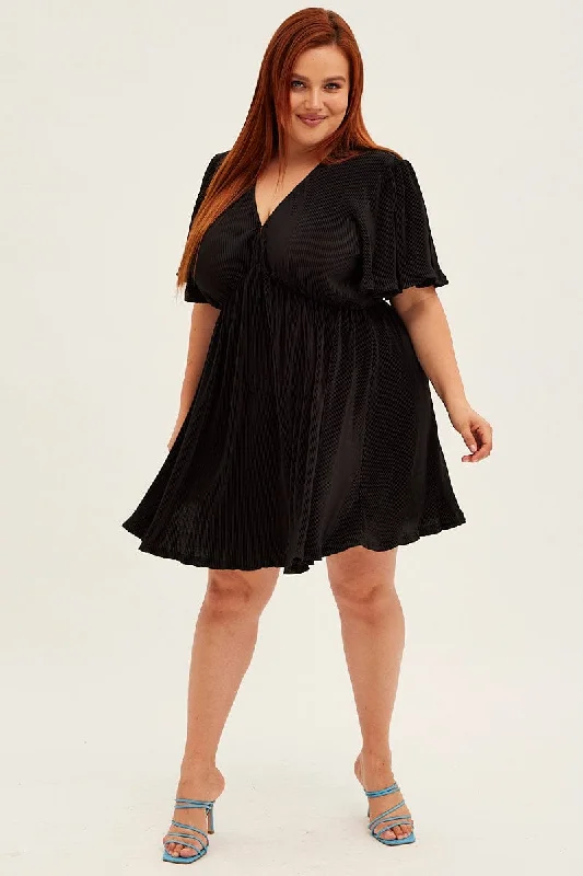 Black Mini Dress V-neck Short Sleeve Plisse