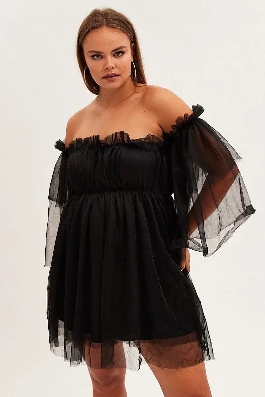 Black Party Dress Off-shoulder Mini Tulle