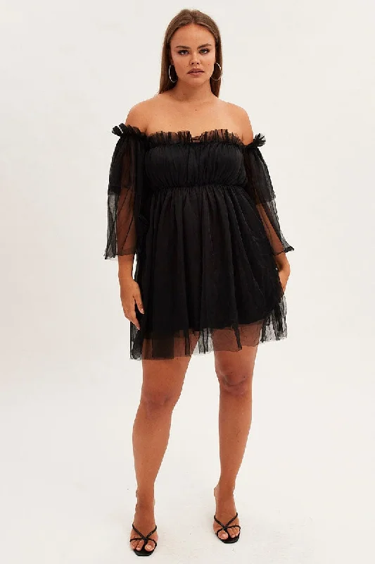 Black Party Dress Off-shoulder Mini Tulle