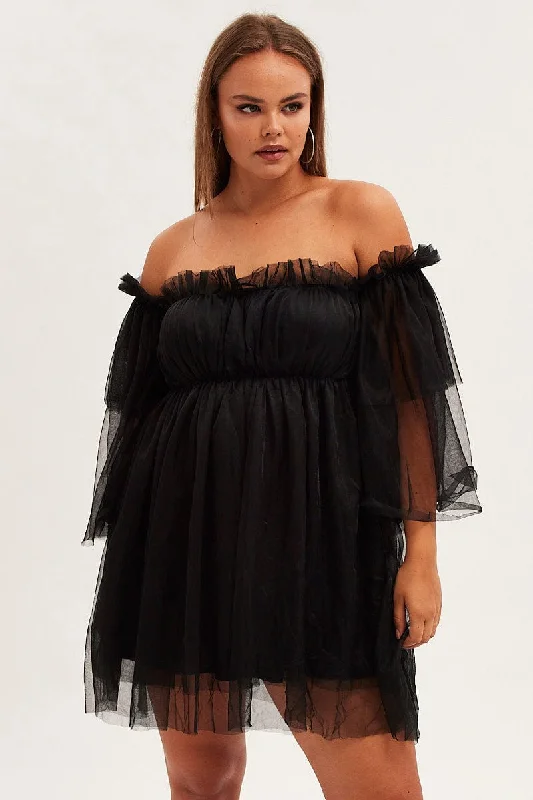 Black Party Dress Off-shoulder Mini Tulle