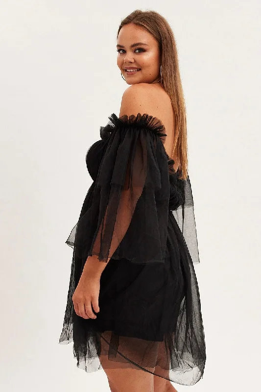 Black Party Dress Off-shoulder Mini Tulle