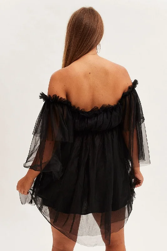 Black Party Dress Off-shoulder Mini Tulle