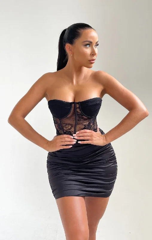 Black Strapless Lace Corset Style Mini Dress- Antonella