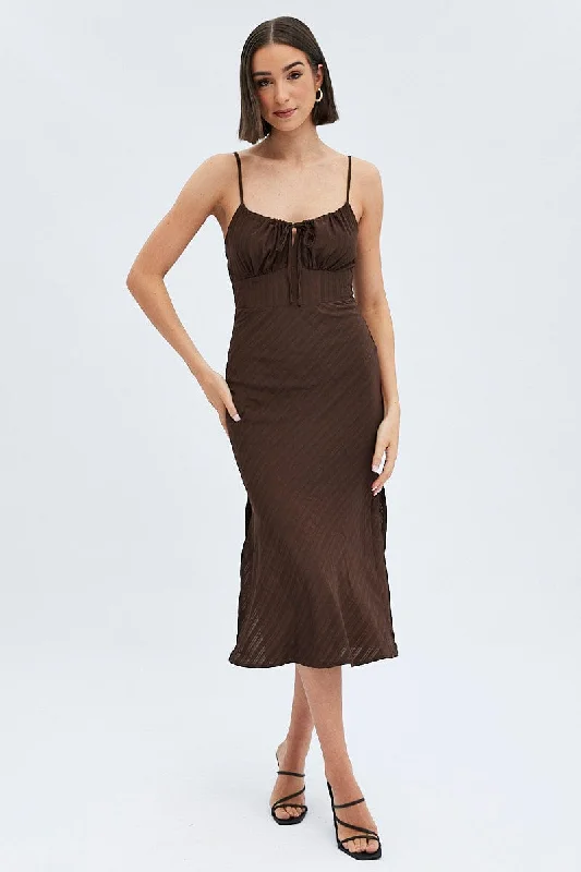 Brown Maxi Dress Sleeveless Ruched Bust