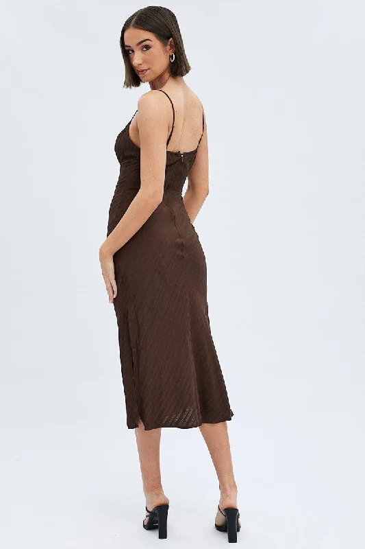 Brown Maxi Dress Sleeveless Ruched Bust