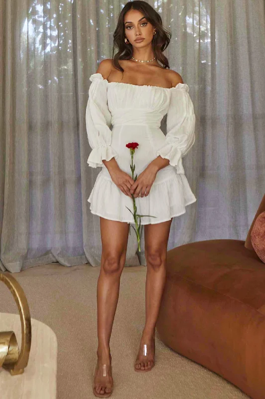 By My Side Off-Shoulder Balloon Sleeve Dress White