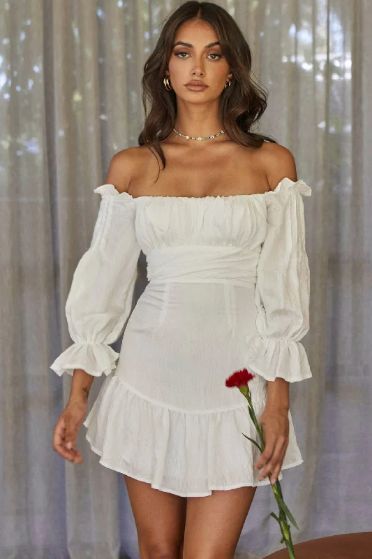 By My Side Off-Shoulder Balloon Sleeve Dress White