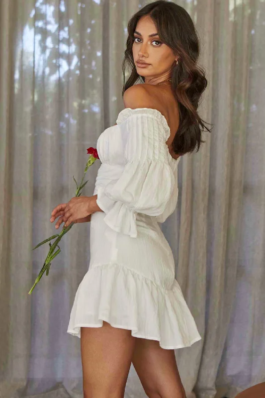 By My Side Off-Shoulder Balloon Sleeve Dress White