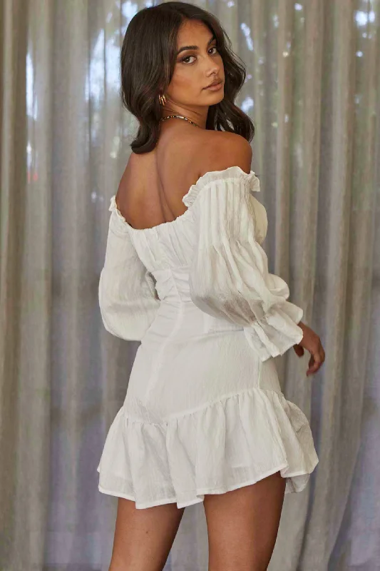 By My Side Off-Shoulder Balloon Sleeve Dress White