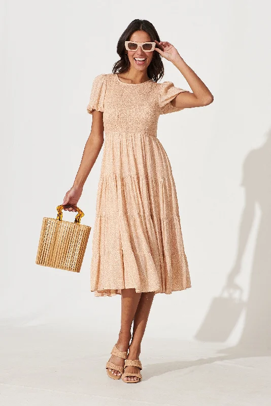 Calypso Midi Dress In Apricot With Cream Print