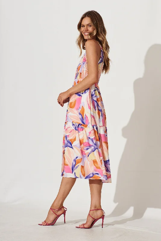 Caribbean Midi Dress In Pink Multi Leaf Print Linen Blend