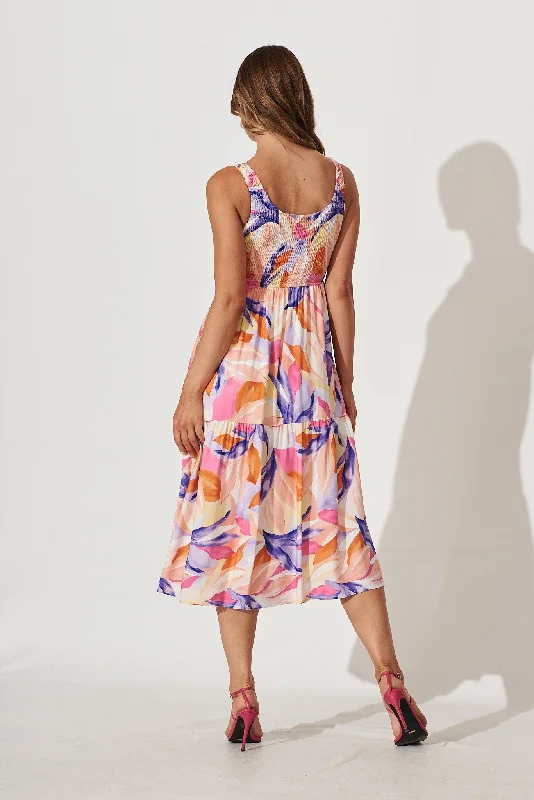 Caribbean Midi Dress In Pink Multi Leaf Print Linen Blend