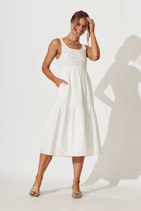 Caribbean Midi Dress In White Cotton Linen