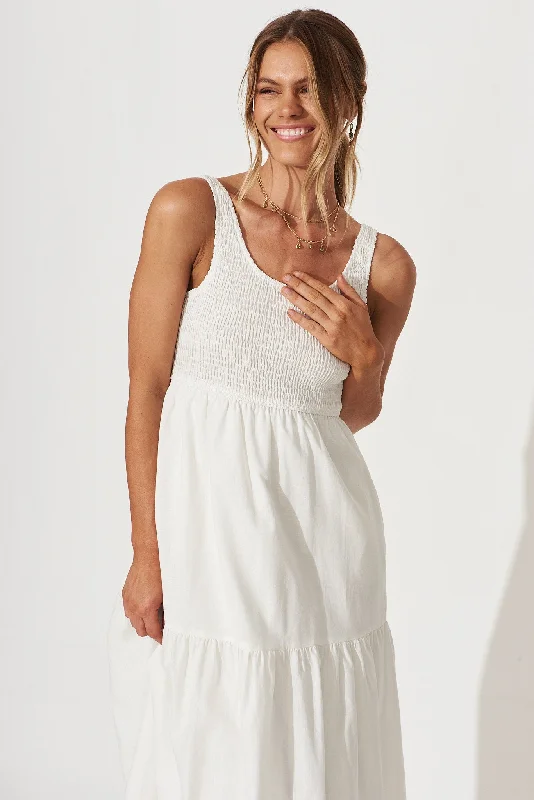 Caribbean Midi Dress In White Cotton Linen