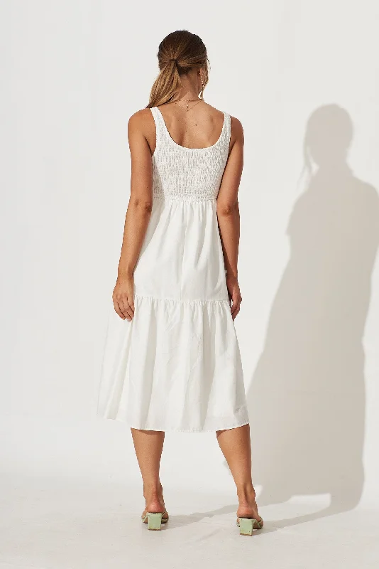 Caribbean Midi Dress In White Cotton Linen