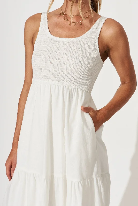 Caribbean Midi Dress In White Cotton Linen