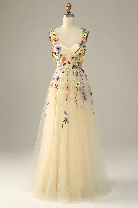 Champagne Spaghetti Straps Prom Dress With 3D Flowers