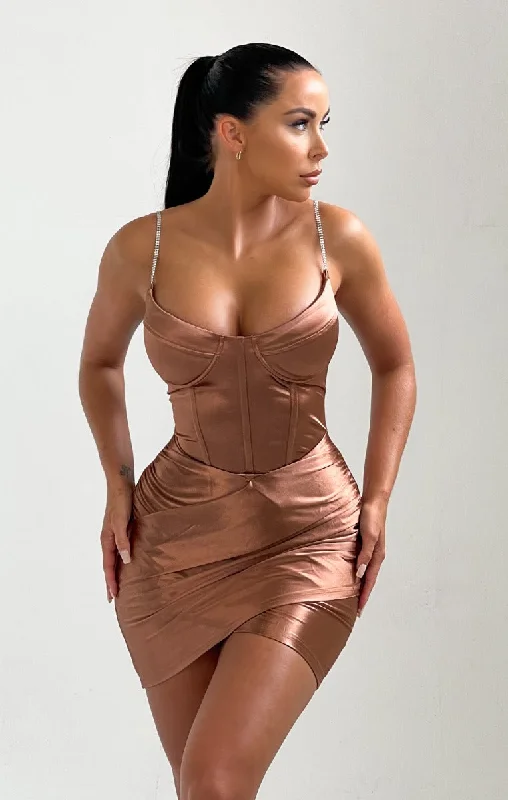 Chocolate Cross Over Satin Diamante Detail Strappy Mini Dress - Haleema