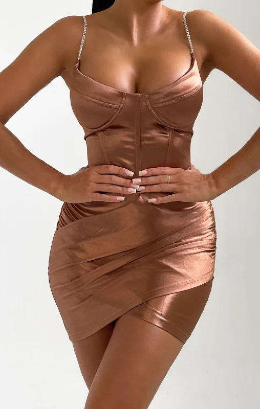 Chocolate Cross Over Satin Diamante Detail Strappy Mini Dress - Haleema