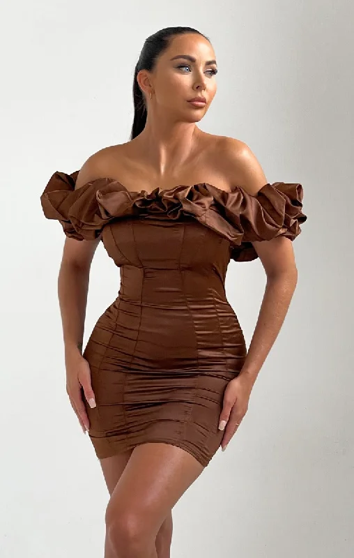 Chocolate Satin Bardot Off The Shoulder Bodycon Mini Dress - Alisa