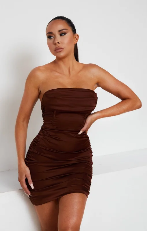 Chocolate Satin Strapless Corset Bodycon Mini Dress - Annie