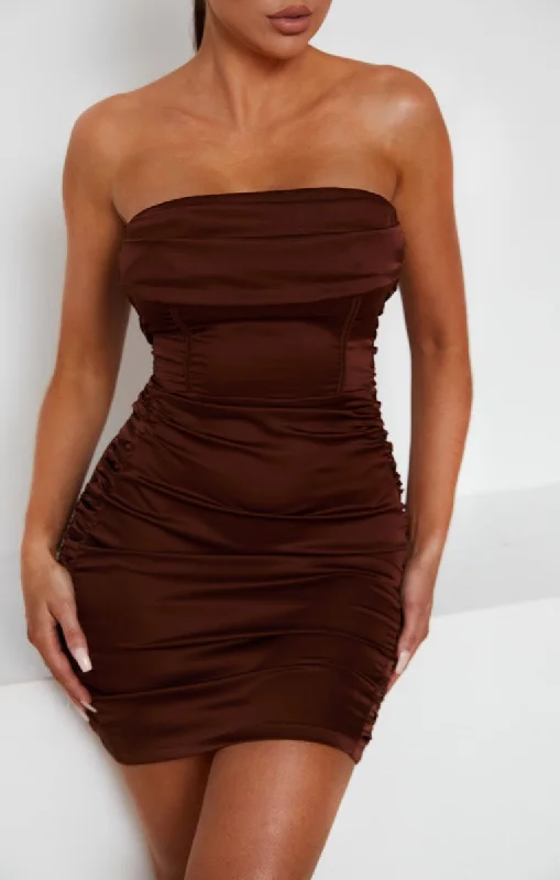 Chocolate Satin Strapless Corset Bodycon Mini Dress - Annie