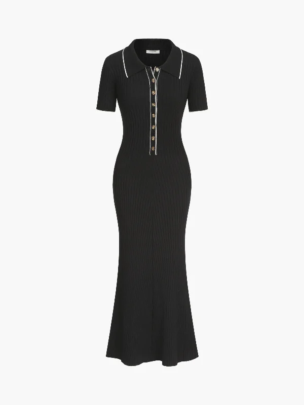 Contrast Trim Polo Long Knit Dress