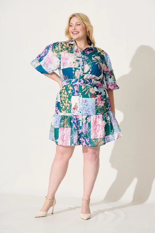 Courtney Shirt Dress In Dark Green Patch Floral