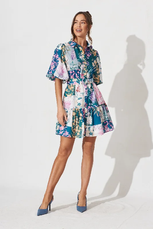 Courtney Shirt Dress In Dark Green Patch Floral