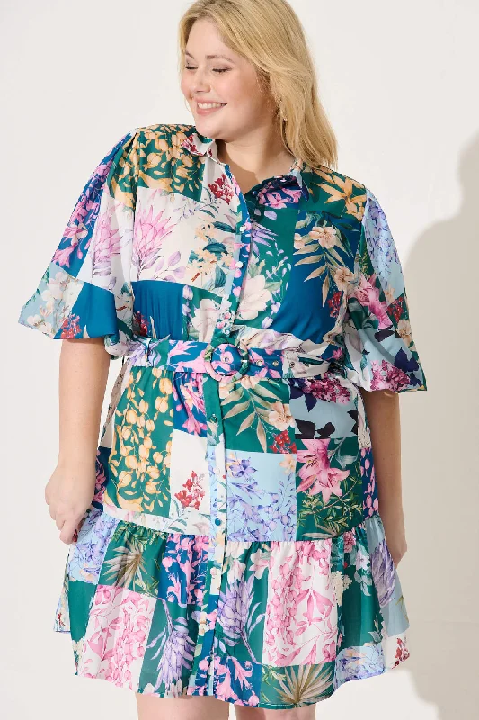 Courtney Shirt Dress In Dark Green Patch Floral