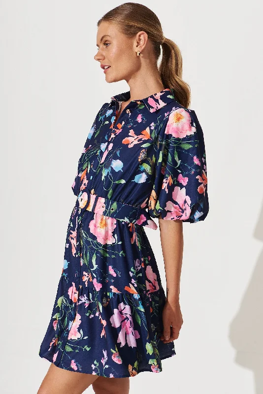 Courtney Shirt Dress In Navy With Multi Floral Print