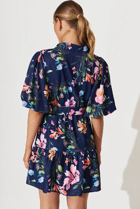 Courtney Shirt Dress In Navy With Multi Floral Print