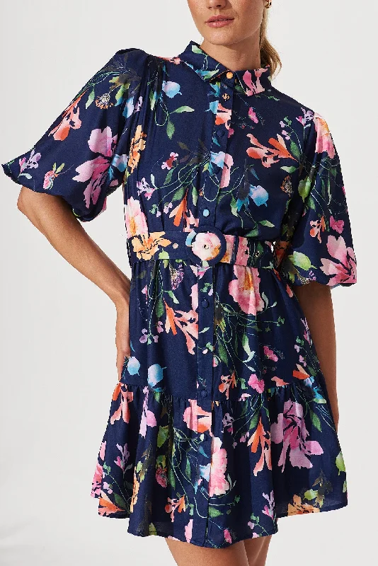 Courtney Shirt Dress In Navy With Multi Floral Print