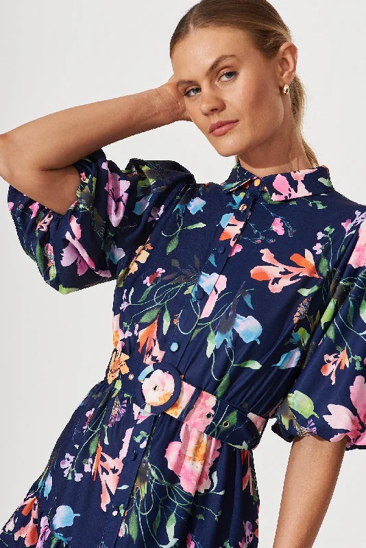 Courtney Shirt Dress In Navy With Multi Floral Print