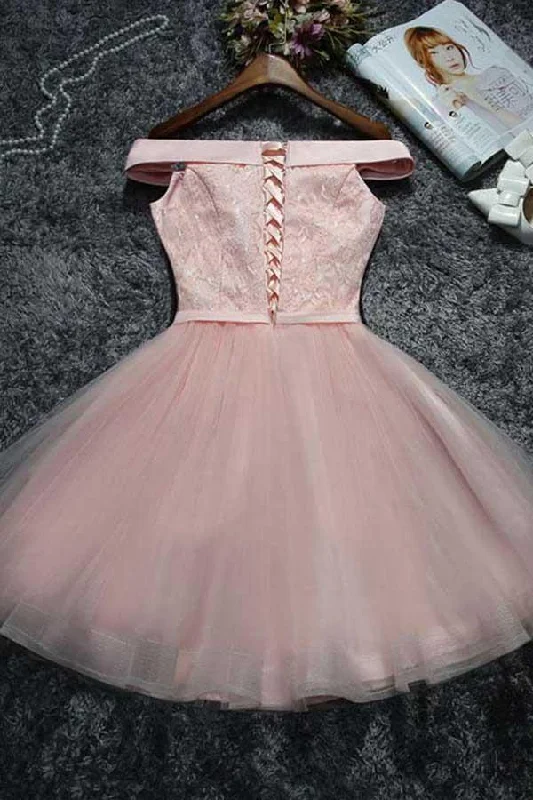 Cute Pink Lace Tulle Short Prom Dress Homecoming Dress PD144