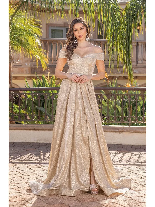 Dancing Queen - 2824 Iridescent Off Shoulder Gown with High Slit