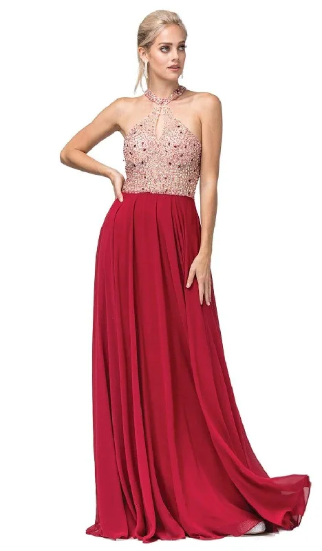 Dancing Queen - 2838 Beaded Keyhole Cutout Halter Long Dress