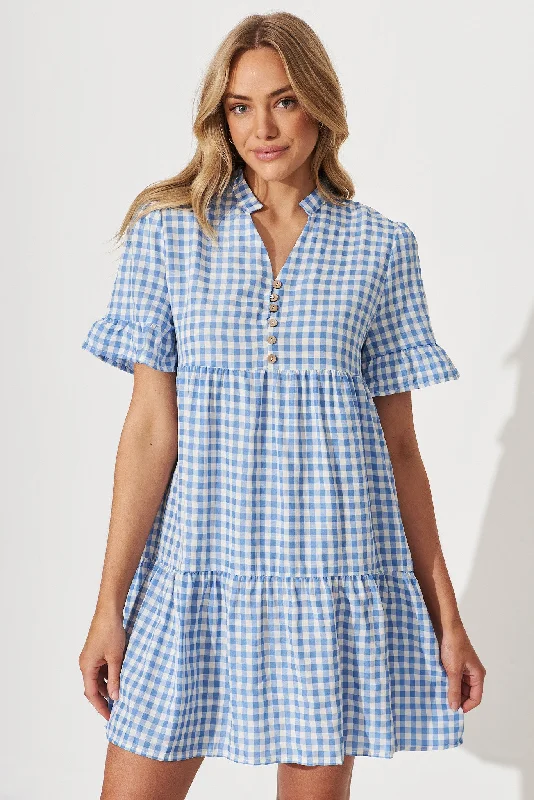 Danna Smock Dress In Blue And White Gingham Cotton Blend